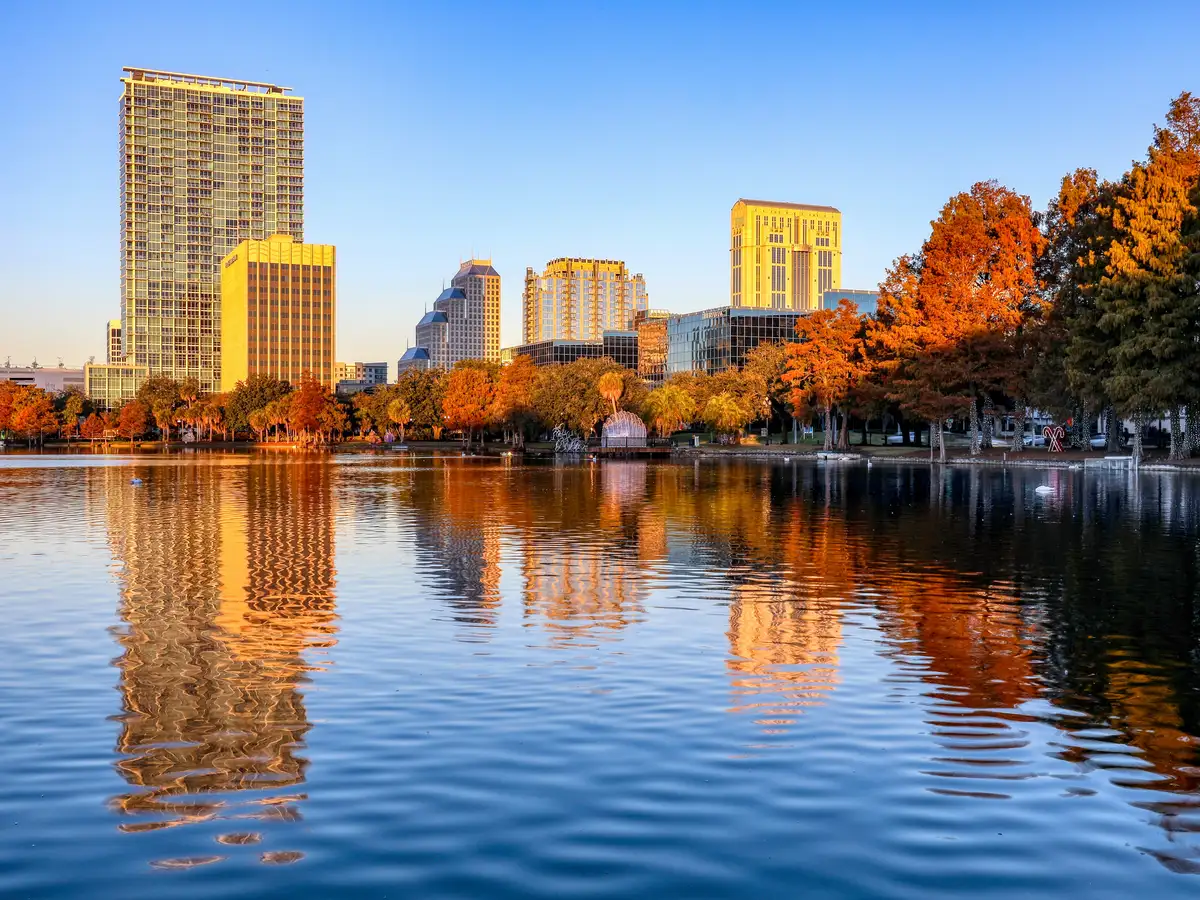 Downtown Orlando skyline reflected in Lake Eola