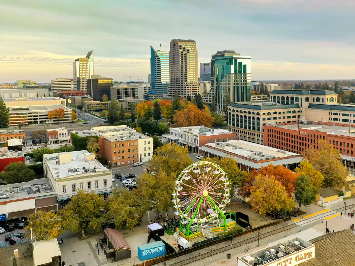 Sacramento, California skyline with the riverfront ferris wheel